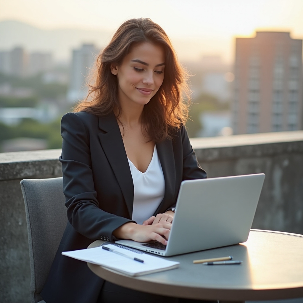 Berufseinsteiger plant am Laptop das gemeinsame Budget auf einer Terrasse